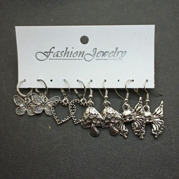 SILVER butterfly heart mushroom skull earring bundle - Picture 2 of 4
